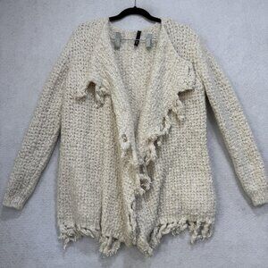 Elan Sweater Womens Large Chunky Knit Boucle Open Front Fringe Cardigan Cozy
